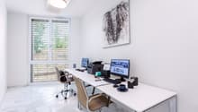 minimalistic interior, large desk, computer, monitor, printer, keyboard, mouse, penholder, window with blinds, marble floor