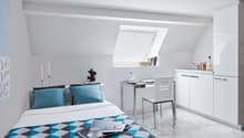 Single bedroom with bed, desk, chair, small kitchenette, bedspread, decorative items, window with skylight