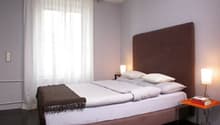 double bed, brown headboard, white curtains, white walls, bedspread, pillows, blanket, nightstands, lamps, rug