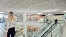 The image shows the interior of a shopping mall. There are escalators, glass walls, and various retail stores visible. The ceiling has a grid-like pattern. A person in a striped sweater is visible in the foreground.