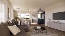 modern living room with sofa, coffee table, dining table, kitchen island, large windows, artwork, and mounted TV
