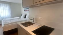 The image shows a studio apartment with a kitchenette area. The kitchenette has a sink, a cooktop, and a dishwasher. There is a bed visible in the background, indicating this is a studio apartment with a combined living and sleeping space.