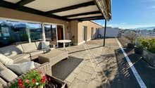 A covered outdoor terrace with a view, featuring a patio furniture set, a table, a large flower pot with flowers, and a storage box on the right side.