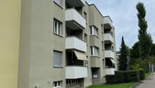 Multi-family house, balconies, multiple floors, grey exterior, green grass, sidewalk