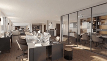 modern office with glass walls, wooden floor, long desk, office chairs, monitors, cabinets, shelves, projector