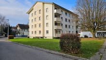 4 story building, beige exterior, balconies, windows, green lawn, street