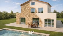 Modern house with stone facade, large windows, swimming pool, outdoor dining area, spacious lawn