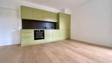 kitchen with modern design, green cabinets, white walls, wooden floor