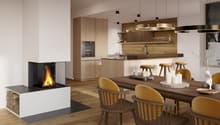 modern kitchen with dining area, fireplace, wooden floor, wooden cabinets, modern lighting, dining table with chairs