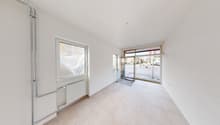 empty room, white tiled floor, windows, heating system