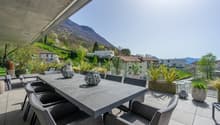 Spacious outdoor patio with a large concrete dining table and chairs, surrounded by potted plants and greenery. The patio overlooks a scenic mountain landscape in the background.