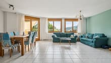 Grosse Fensterflächen und Terrassenzugang verbinden Innen und Aussen
