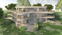Modern architectural design, multiple levels, balconies, green roof, surrounded by greenery