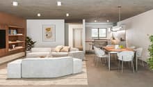 Contemporary design with clean lines, white couches and chairs, large rug, wooden dining table, built-in bookshelves, large TV, white walls, modern lighting.