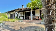 single story house, white exterior, red tiles, large patio, outdoor seating area, palm tree