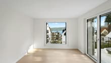 empty room, large window, wooden floor, sliding glass doors, balcony