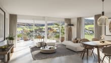 open plan living room, dining area, couch, coffee table, balcony, dining table, chairs, rug, lamps, plants, artwork