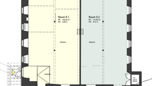 Main floor plan shows two rooms labeled Raum 0.1 and Raum 0.2, both have dimensions specified. A smaller floor plan shows a bathroom and entrance.