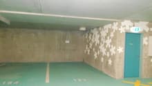 empty underground parking lot, numbered parking spots, wall with snowflake design, blue door