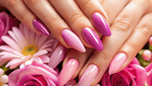 hands with nailpolish, flowers in the background, logo for Gewerbe Consulting