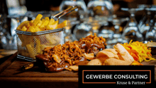 Food: French fries, meat, chips, vegetables