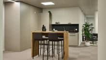 Modern office kitchen with wooden bar counter, black bar stools, built-in kitchen appliances, and potted plants