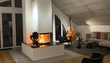wooden floor, modern design, central fireplace, glass doors, rocking chair, carpet, table, decorative objects