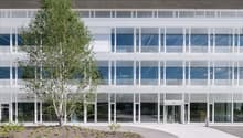 modern building, large glass windows, multiple floors, concrete facade with white vertical slats, main entrance, tree in front