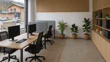 office desk, chairs, computer monitor, keyboard, bookshelves, potted plants, large windows