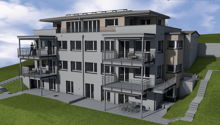 3 story house, balconies, windows, stairs, lawn