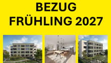 Three images of a modern apartment building with balconies, a dining room with a table and chairs, and a view of the building from the outside.