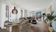 modern living room with a couch, dining table, and chairs, wooden floor, large windows, balcony, and a view