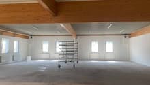 spacious room, wooden beams, white walls, metal roof, several windows, large steel scaffolding