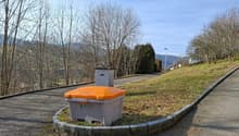 residential area, roadside waste container, slope, greenery, clear sky