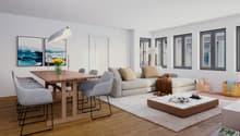 wooden dining table, gray chairs, wooden sofa, beige rug, modern interior, open plan