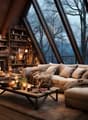 wooden flooring, cozy atmosphere, large couch, fireplace, large window, coffee table, bookshelves, lamp, rug