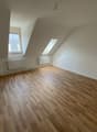 empty room with wooden floors, white walls, 2 skylights, radiators