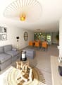 Gray couch, round glass table, TV, lamps, painting frames, floor lamp