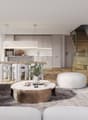 Open floor plan with living room, dining area, kitchen, and staircase.