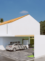2 story white building with a slanted orange roof, garage, and parking space in the front