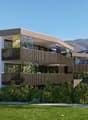 modern multi-story building with balconies, white walls, glass facade, trees, plants