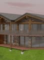 2 story house, modern design, wooden exterior, large windows, wooden deck with glass railing, stone walls