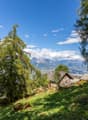 Traditional stone house with red shutters, surrounded by a lush green landscape with a stunning mountain view.
