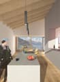 modern kitchen with island, wooden beams, sink, faucet, large window with view of mountains