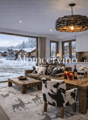 modern design, fireplace, wooden floor, large windows, couch, coffee table, wooden table, chairs, chandelier, open kitchen