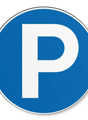 Blue and white sign with a white letter P in the center