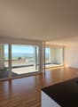 Open kitchen, large windows, balcony, wooden floor, modern design, sink, faucet