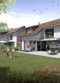 Two story house, white exterior, brown roof, balcony, patio with outdoor seating, garden, multiple windows, a view