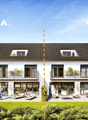 2 story house, black roof, white walls, balconies, garden, patio, cars parked