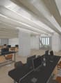 wooden ceiling, wooden floors, office desks, computer monitors, chairs